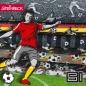 Preview: Baumwolle Webware Steinbeck Fußballer rot - gelb mit Fußball auf weiß