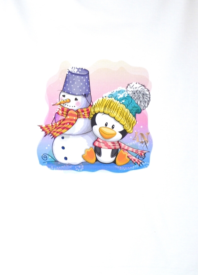 Sommersweat Panel Schneemann und Pinguin mit Mütze und Schal rot türkis weiß ecru 55 x 70cm