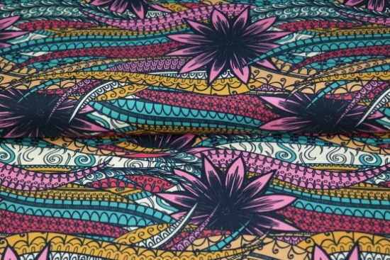 Baumwoll - Jersey - Digital print - all over - African Style - pink - petrol - grün - gelb- weiß - Wellen - Blume