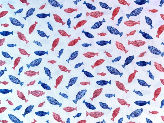 Baumwolle - Popeline - Webware - Fische rot und dunkel blau auf weiß