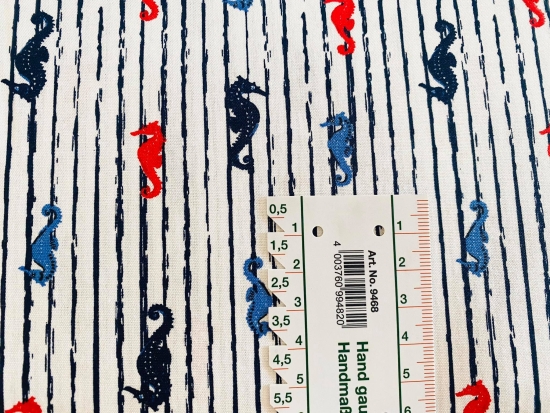Baumwolle Webware blau rote Seepferdchen blaue Streifen Maritim