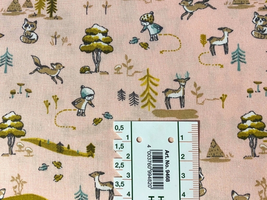 Baumwolle Webware Forest Living Wald Leben Fuchs Rehe Mädchen auf rosa