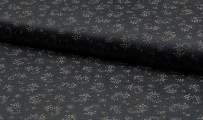 Baumwolle Webware Romantico Serie Trachtenstoff Dirndl beige graue Blumen auf schwarz 191