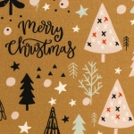 Baumwolle Webware Noel Merry Christmas illustrierten Weihnachtsbäumen ocker Farbnr. 315